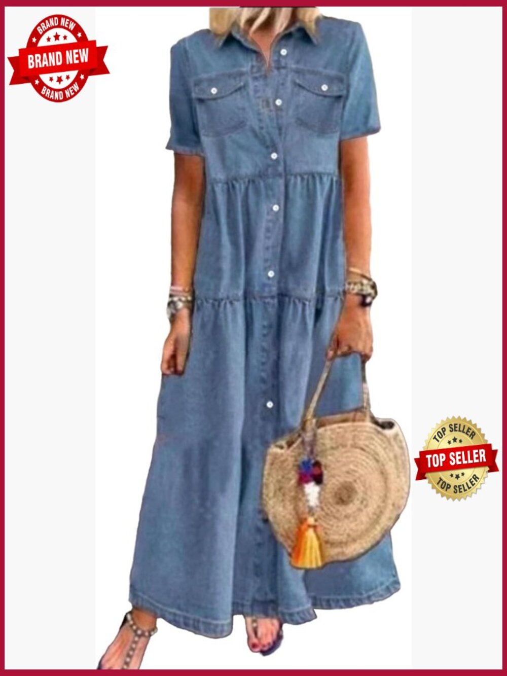 Button Down Denim Maxi Dress Short Sleeve Lapel Collar High Waist Swing Ruffle